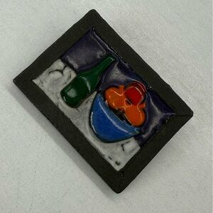 Vintage Enamel Still Life Art Brooch Fruit Bowl and Wine Bottle Wearable Picture